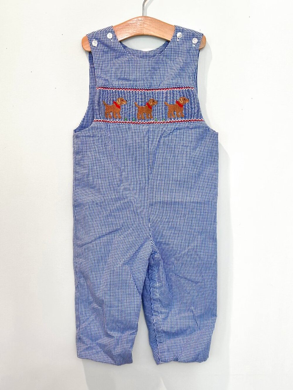 Velani Classics 24M Blue Gingham Smocked Puppy Jon Jon Romper Boys 2T